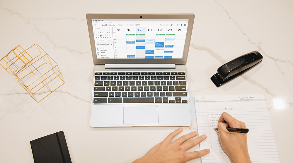 Google Google calendar open on a laptop.