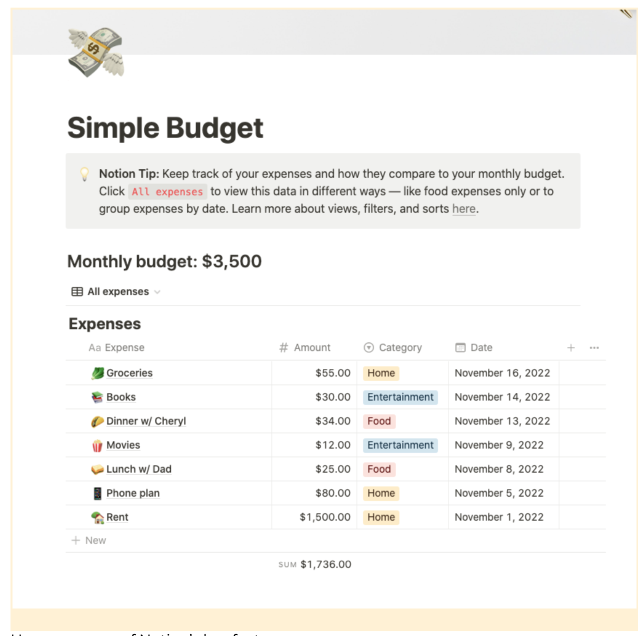 Notion's Simple Budget template